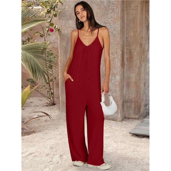 Women Summer Casual Boho Wide Leg Jumpsuits Burgundy - Picture 5 of 6